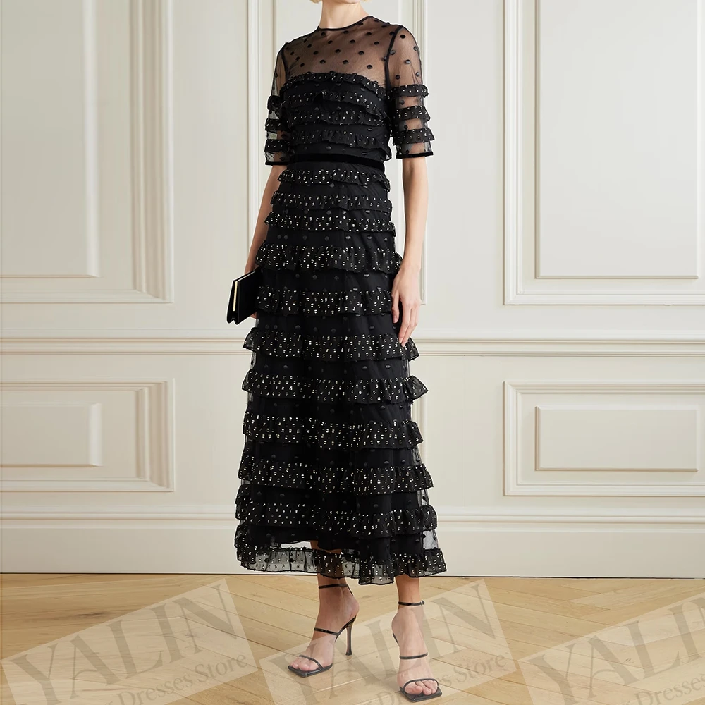 

Women's A-line Evening Dresses Tea-length O-neck Short Sleeve Prom Gown Fashion Sequined Simple Draped Customized Gowns