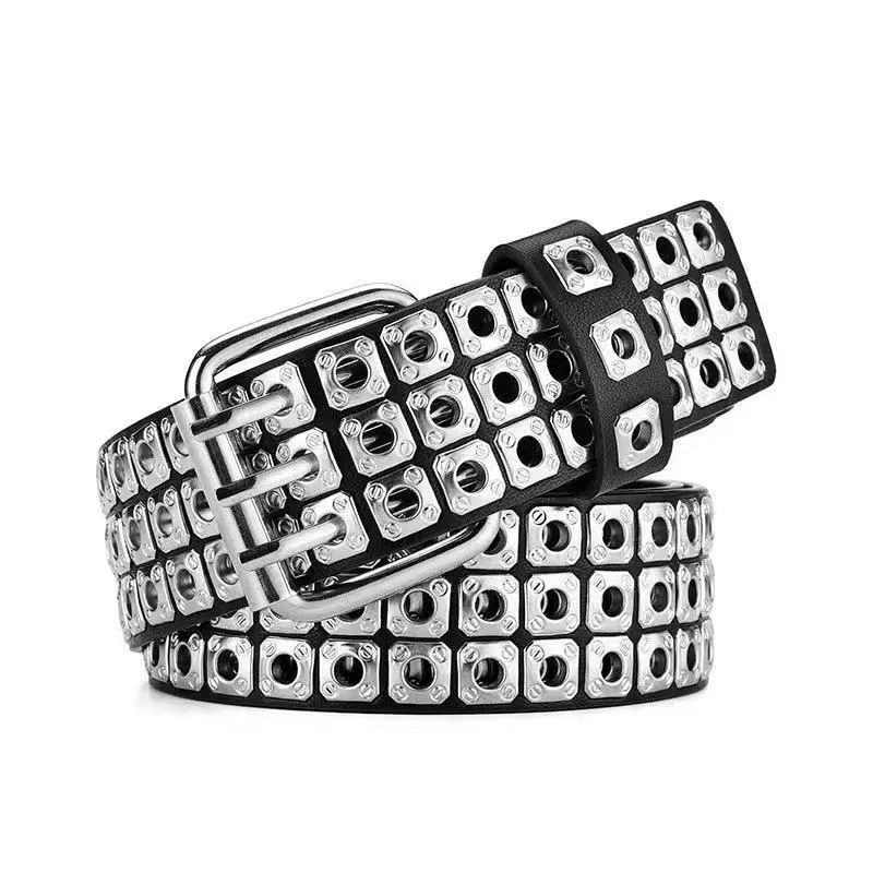 Unisex Street Subculture Style with Jeans, Personalized Wide Decorative Waistband, Square Eyelet Rivets, Pu Leather Belt, Three-Row Pin Buckle Punk Retro Belt