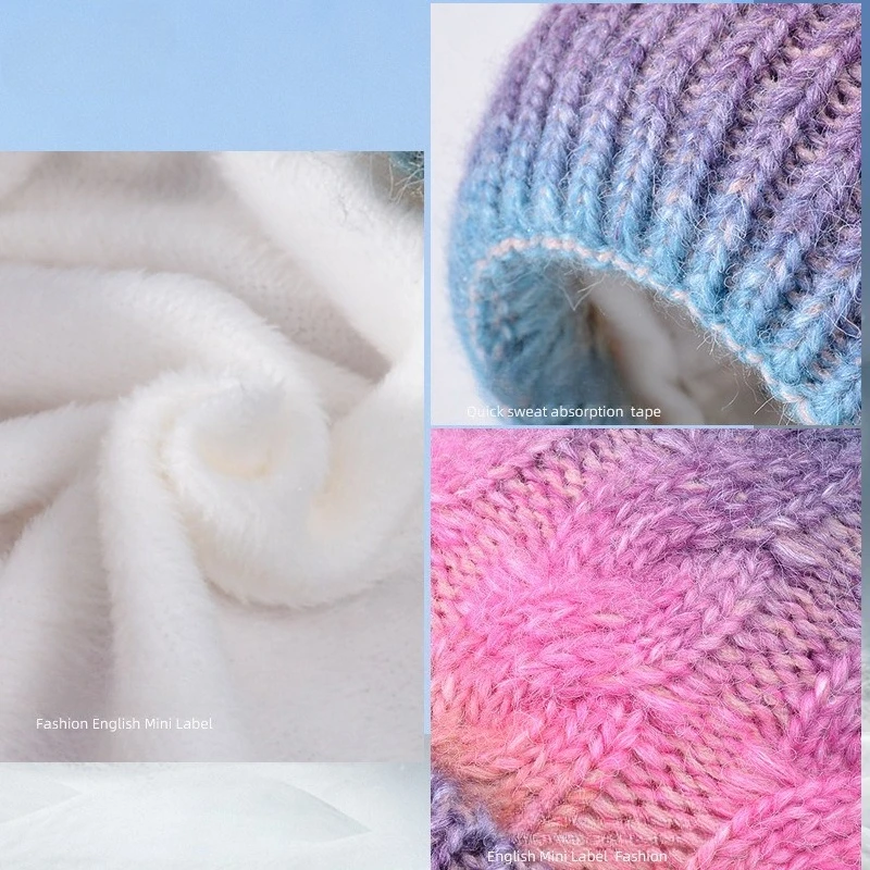 Winter Lady Warm Hat Scarf Two-piece Set Fleece Thickened Gradual Change Color Knitted Skiing Hat Fashion Pullover Hat for Women 3