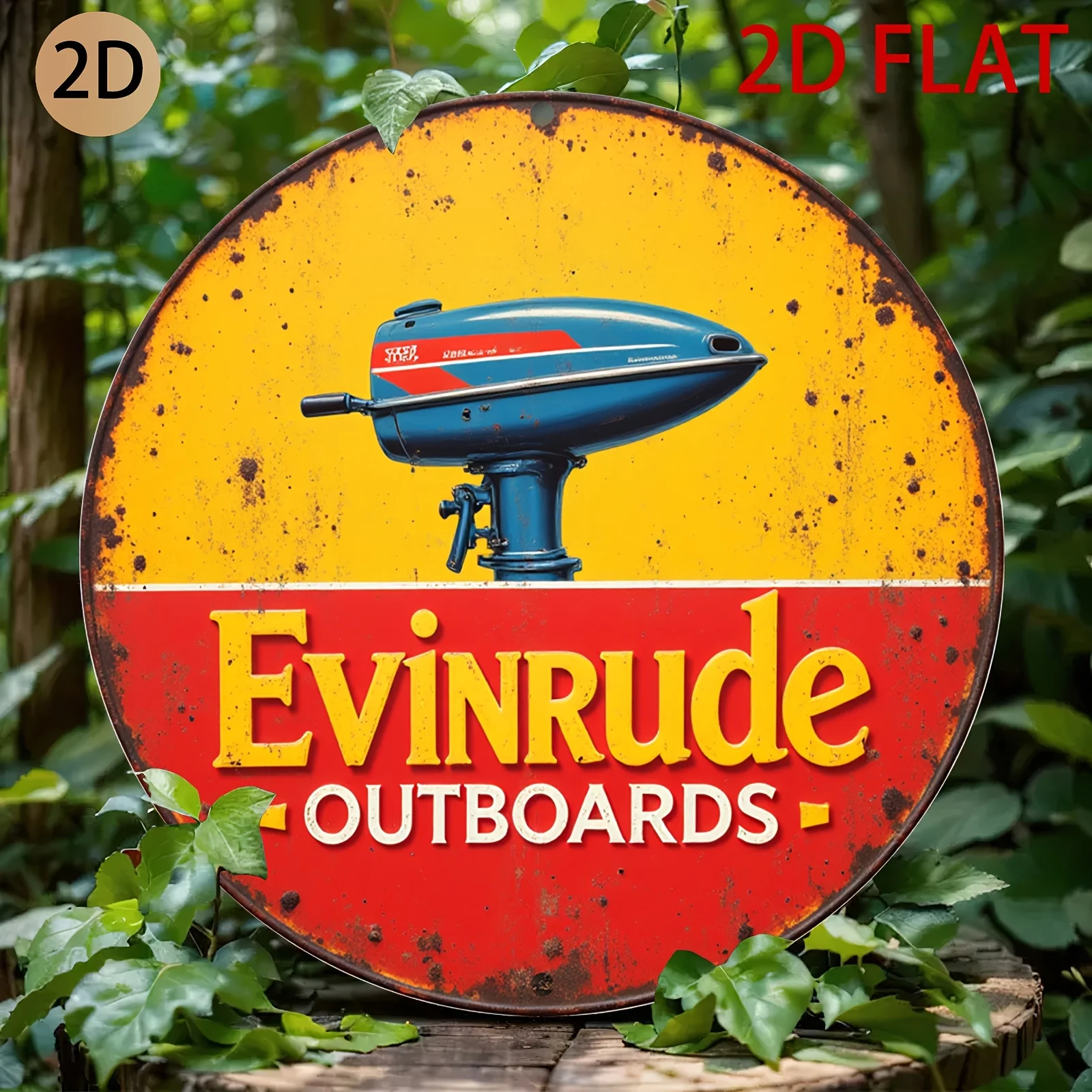 2D Plane Circular Tin Metal Evinrude Outboards Logo  Wall Art Boating Themed Decoration for Home Garage or Cafe, 2D Flat,