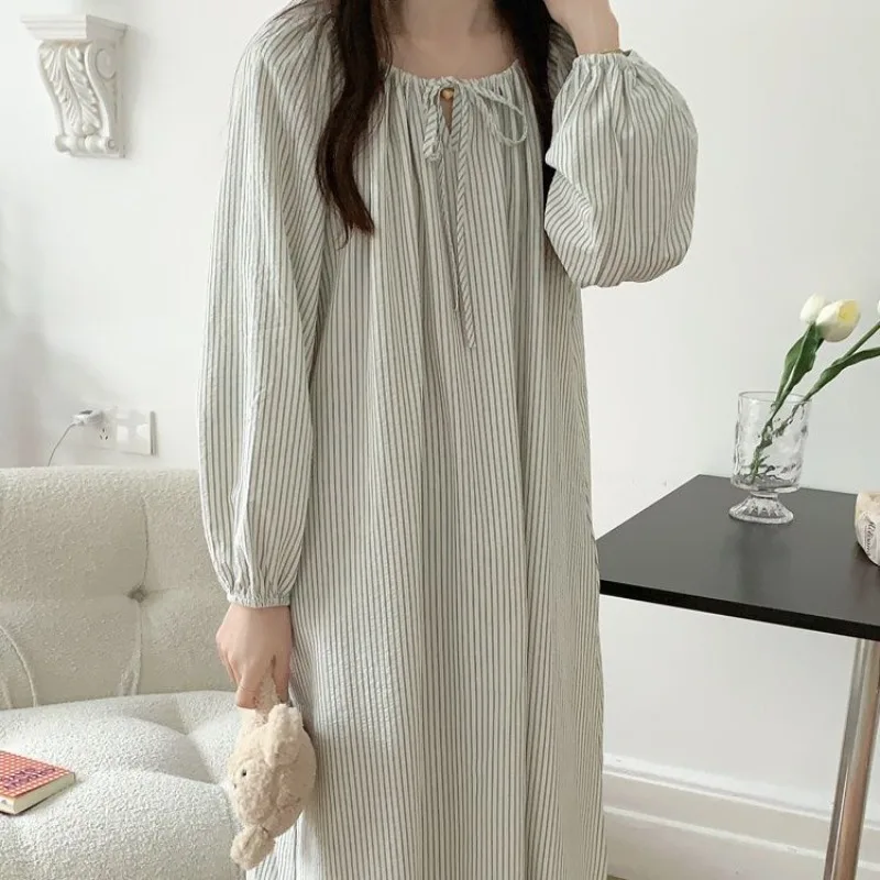 Striped Women Nightgown Korean Style Sleepwear Long Sleeve Night Dress Autumn One Piece Pajamas Casual Home Sleeping Wears New