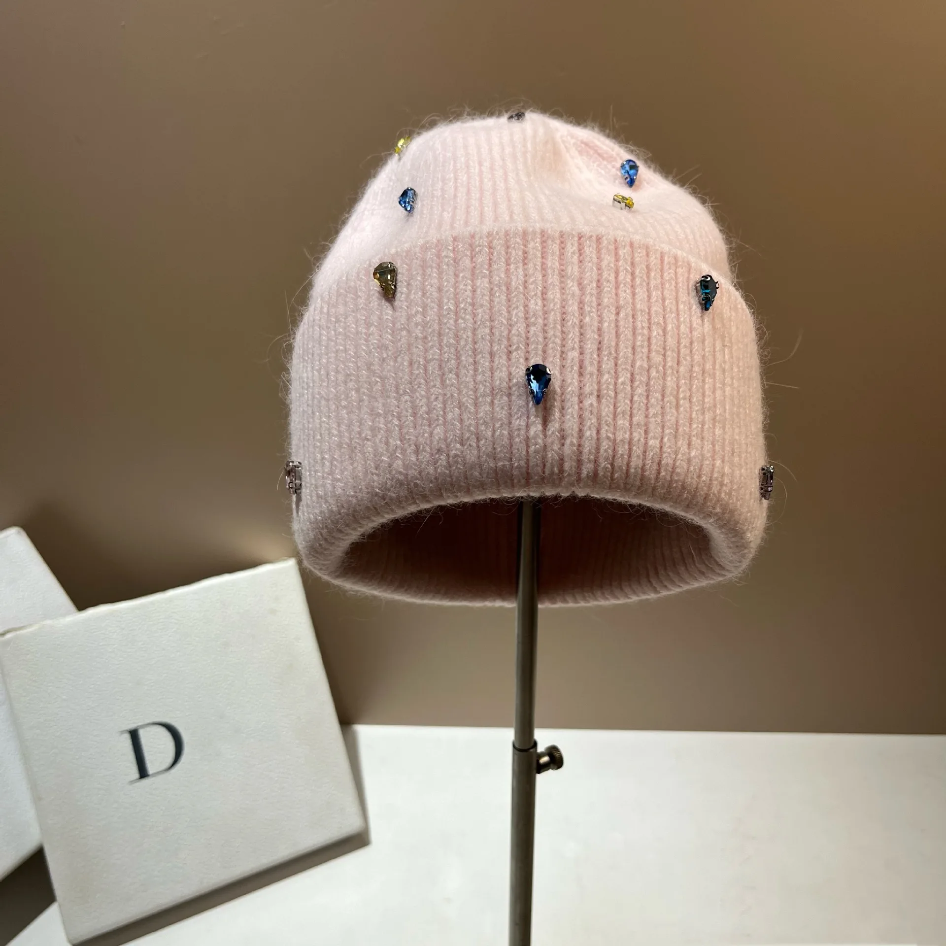 Colorful Rhinstones Winter Women Knitted Hat Real Rabbit Fur Warm Wool Skullies Beanies Ear Protection Outdoor Skiing Caps