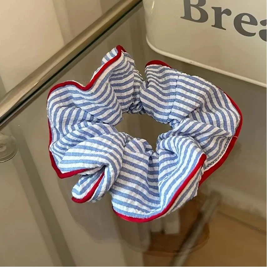 Neue Scrunchies, roter Saum, blau gestreift, Haargummi, süßes, frisches, elastisches Haarband, Mädchen- und Damen-Haar-Accessoires