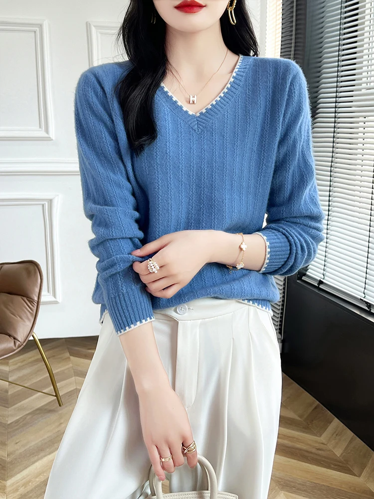 Women's Sweater Cashmere V-neck Pullover Autumn Winter Long Sleeve Soft 100% Merino Wool Knitwear Comfortable Chic Clothing Tops