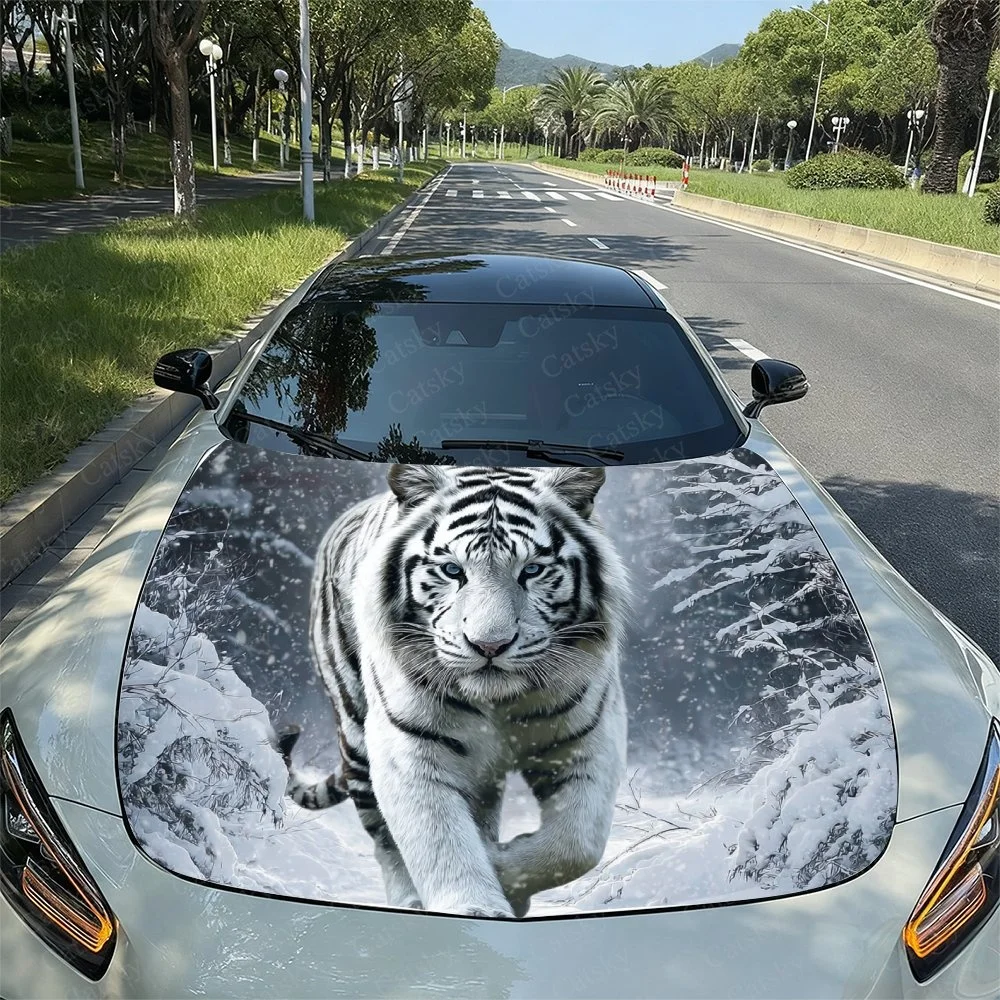 Snow Tiger Walk Car Hood Sticker PVC Self Waterproof Stick, Striking Auto Exterior Accessories Decor Protect Gift for Car Lover