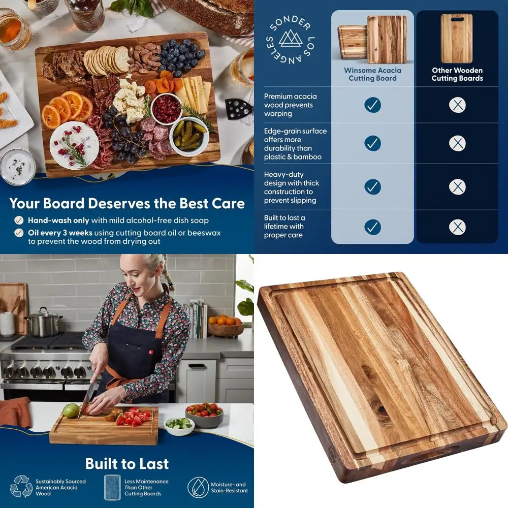 

Разделочная доска из акации с рифленой кромкой, желобком для сока и отсеком для сортировки, идеально подходит для мясных деликатесов, 16x12x1.5 дюймов