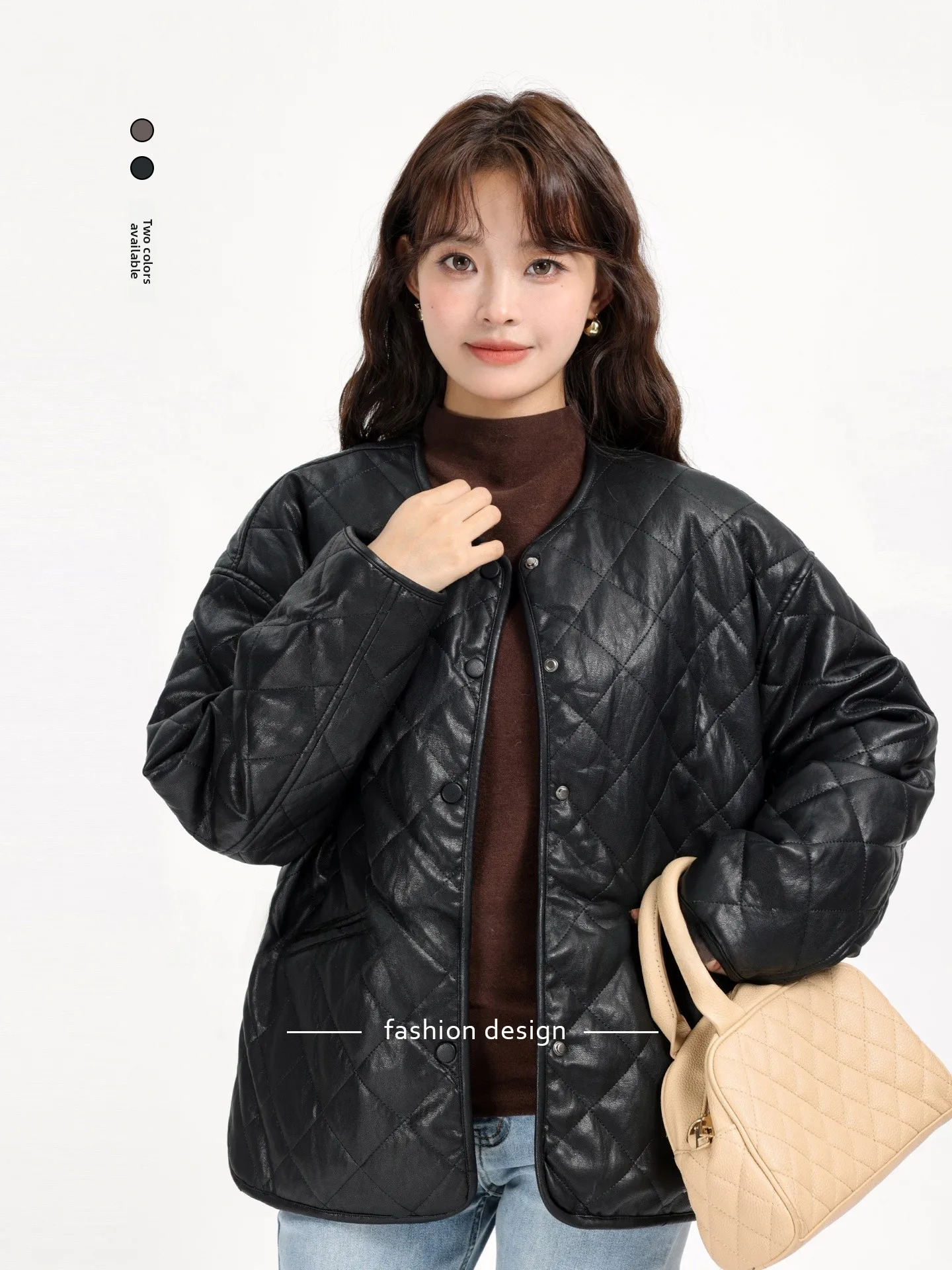 

Retro Sle Biker Jaet Women's Faux Fur Lined Diamond Patterned Versatile Warmth Long Sve round Ne Coat by Li Xing Meng