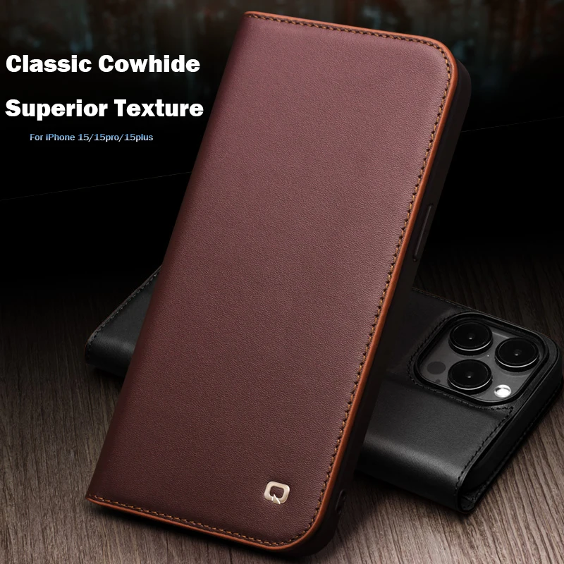 

QIALINO Genuine Leather Flip Case for iPhone15 Plus Bracket Handmade Business Cover with Card Slots for iPhone15 Pro Max/15 Pro