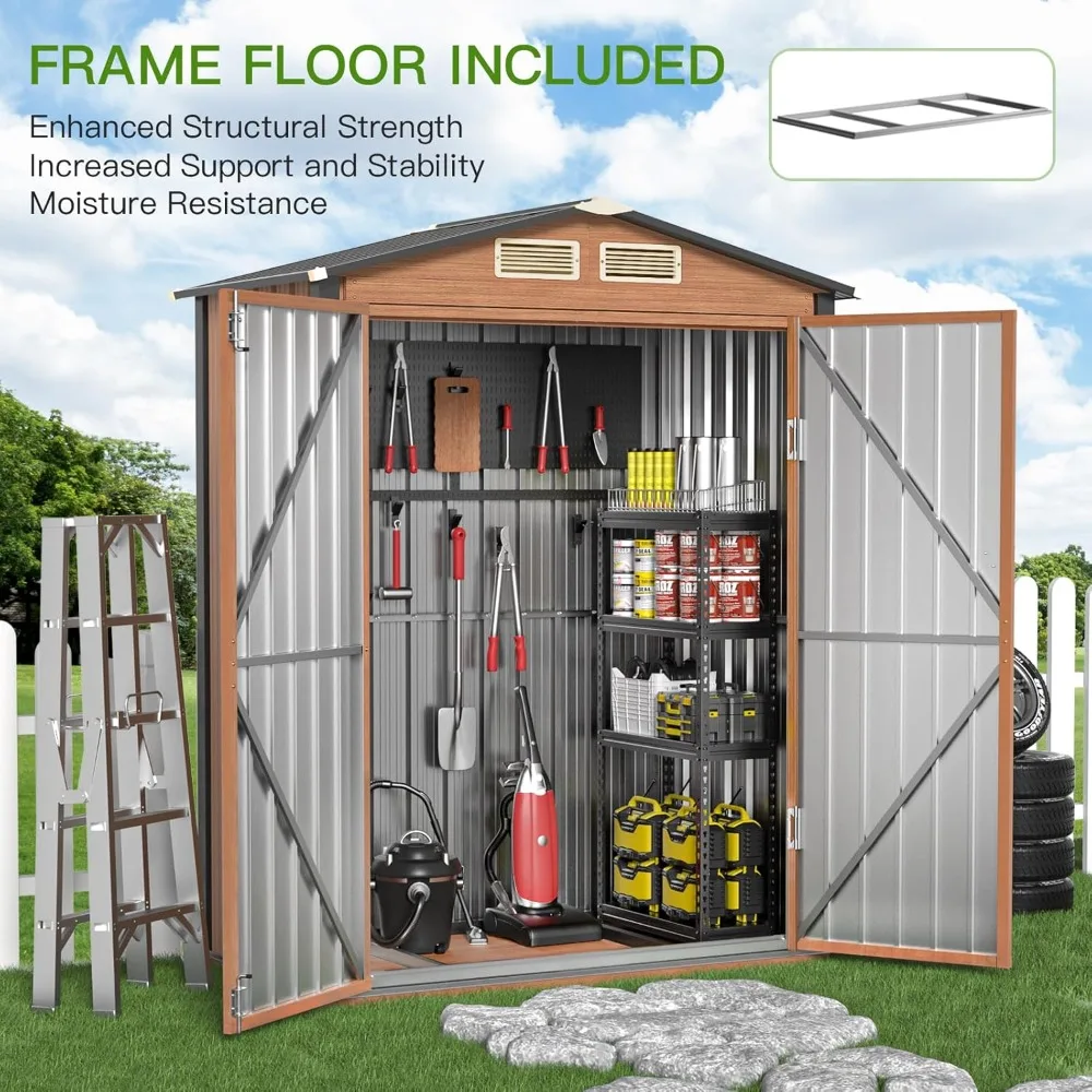 Outdoor Storage Shed, 5x3 Ft Metal Steel Tiny House with Frame Floor & Lockable Door, Vertical Outside Storage Building