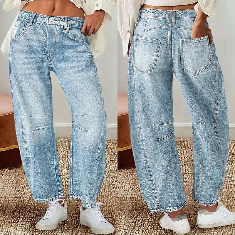 Retro Banana Pants Loose Curved Leg Jeans Wide Leg Mid Waist Straight Denim Trousers