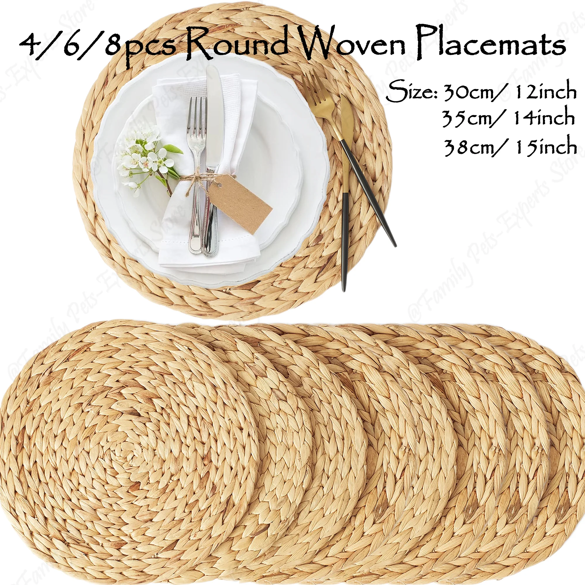 

4/6/8Packs Woven Placemats Round Natural Water Hyacinth Table Mats Handmade Heat Resistant Non-Slip Weave Cup Mats for Dinning