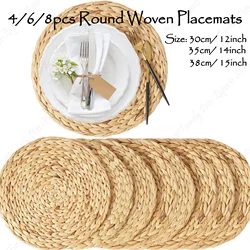 4/6/8Packs Woven Placemats Round Natural Water Hyacinth Table Mats Handmade Heat Resistant Non-Slip Weave Cup Mats for Dinning