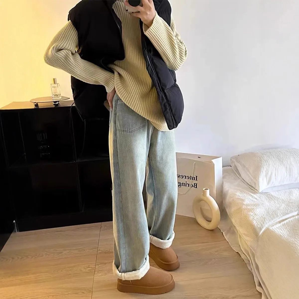 

Thickened Fleece High Waist Straight Leg Jeans Women's 2025 Style Autumn Winter Loose Fit Slimming Wide Leg Trousers