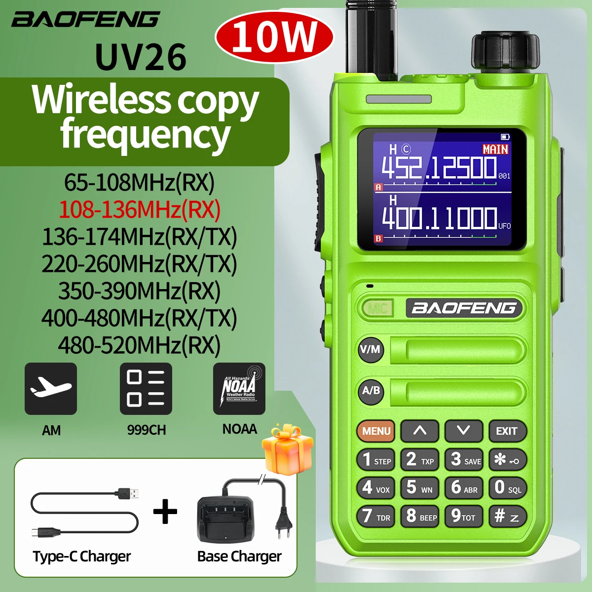 

Baofeng UV-26 Walkie Talkie 10W Multi Band AM FM 999CH NOAA Wireless Copy Frequency Long Range VOX Type-C Charger Two Way Radio