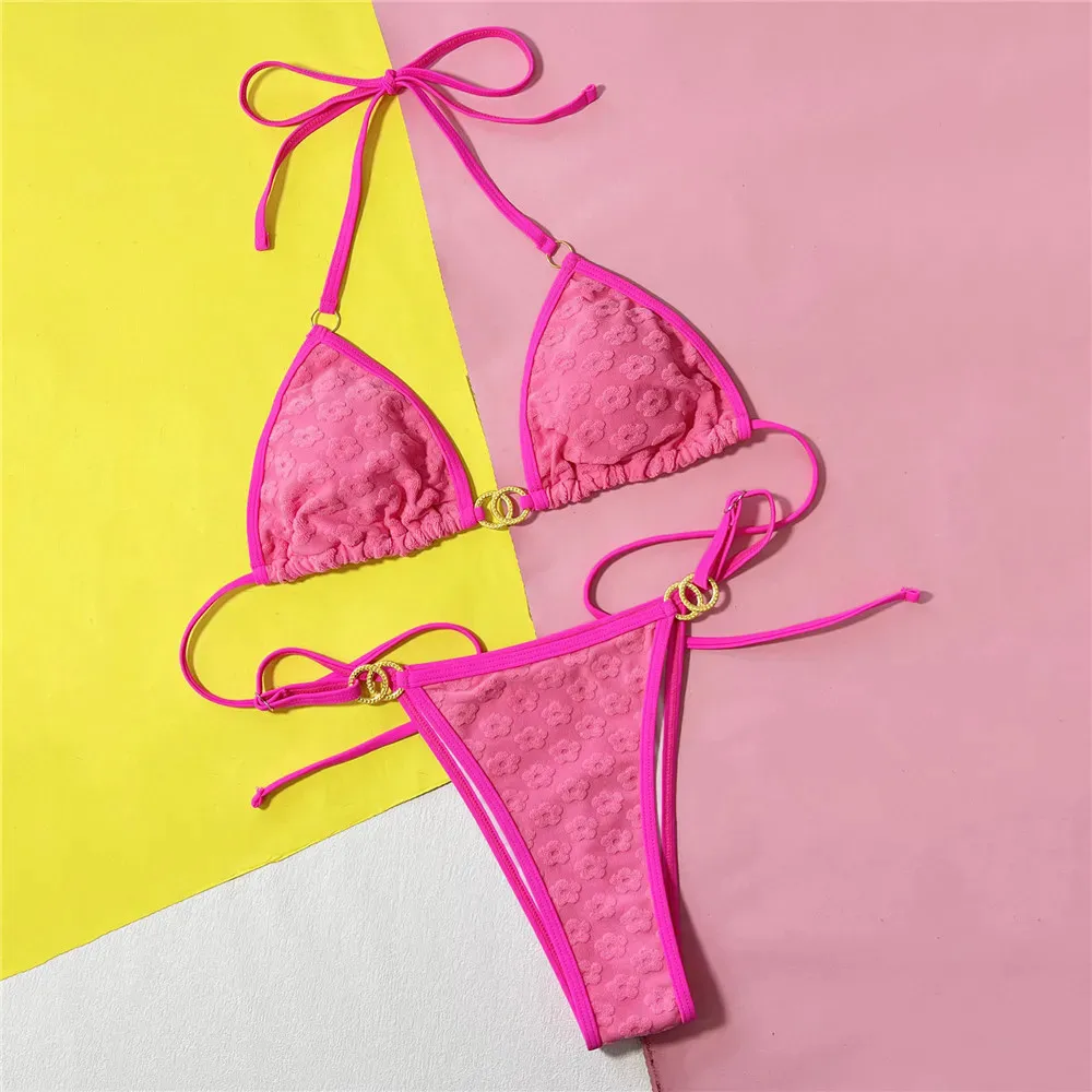 

Pink Flower String Halter Triangle Thong Micro Bikini Sexy Swimsuit Women 2025 Floral Swimwear Bathing Suit Bikinis Sets Mujer