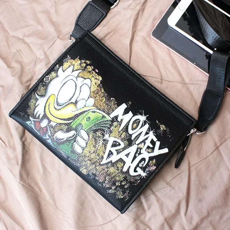 Bolsa de Ombro de Couro Macio para Homens e Mulheres, Saco Mensageiro Preto, Saco Multifuncional, Miniso, Personalidade Disney, Pato Donald