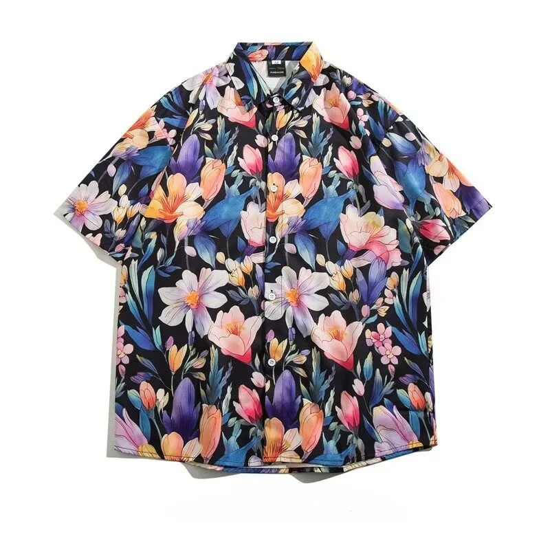 Summer Men's Retro Hawaiian Short Sleeve Floral Shirt Loose Handsome Beach Vacation Quick Drying Half Sleeve Flower Shirt