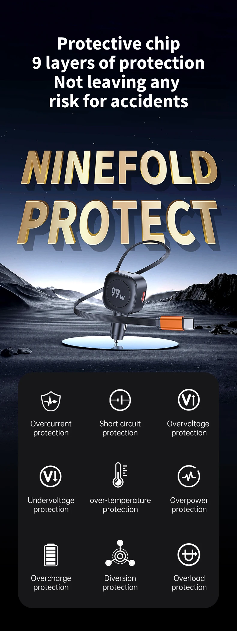 99 W einziehbares Autotelefon-Ladegerät USB C PD 45 W Schnellladung für iPhone 16 Pro Max, Samsung Galaxy S25 Ultra, Android – Detail 9