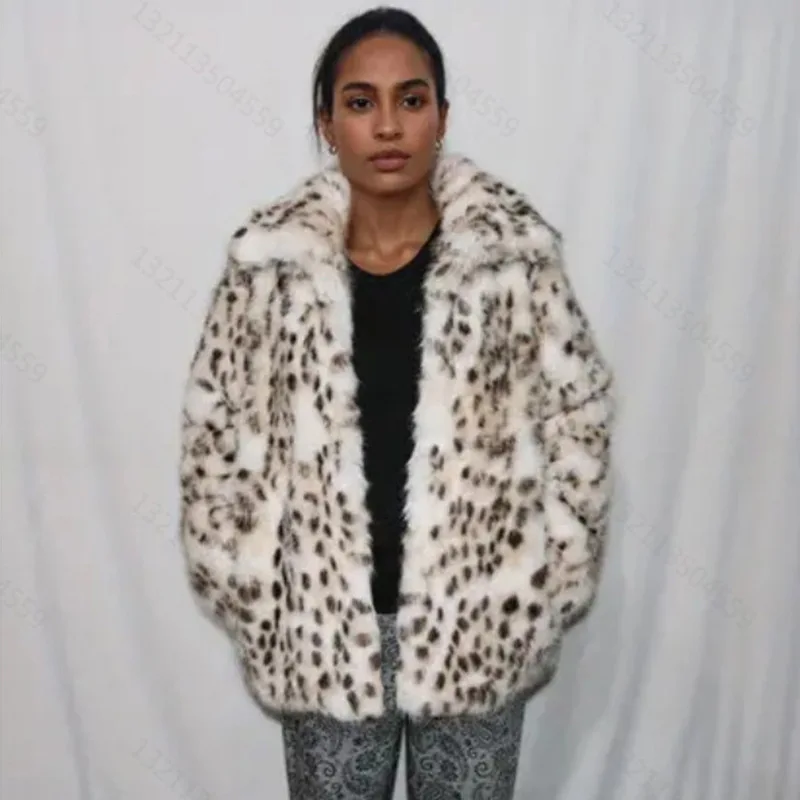 

Luxury Retro High-Quality Fluffy Soft Faux Fur Coat Women's Leopard Print Fur Jacket Autumn Winter Warm Lapel Collar Coat Loose
