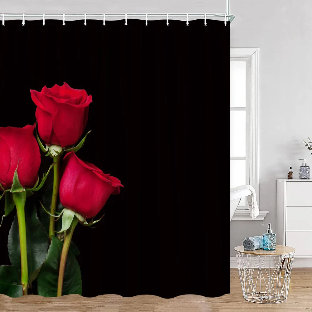 Red Roses Floral Shower Curtain Romantic Flower Plant Love Romance Bath Curtain Polyester Modern Bathroom Decoration with Hook