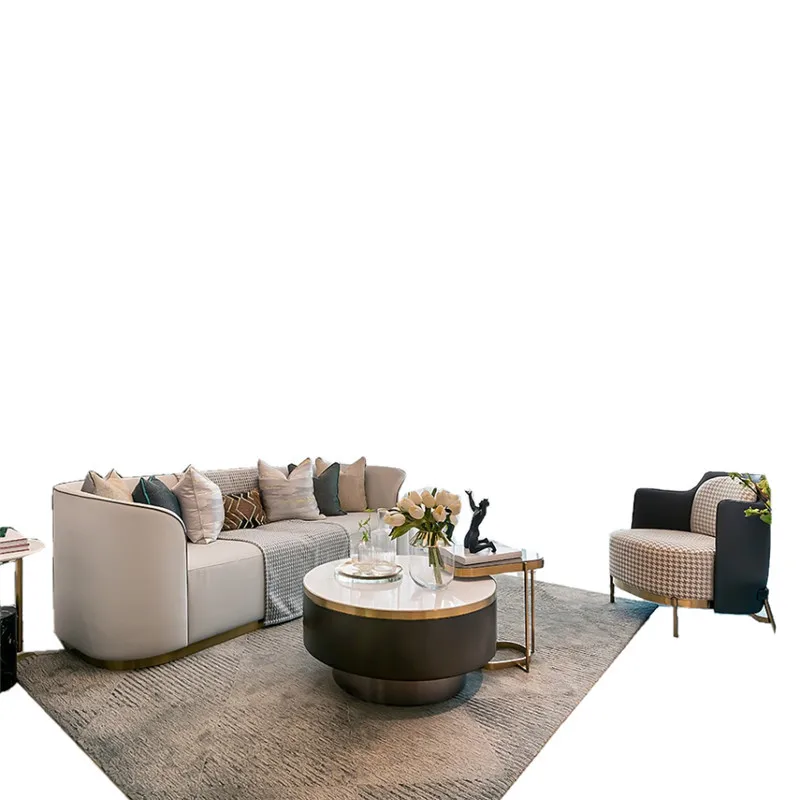Postmodern curved leather sofa combination, living room Italian villa model room furniture