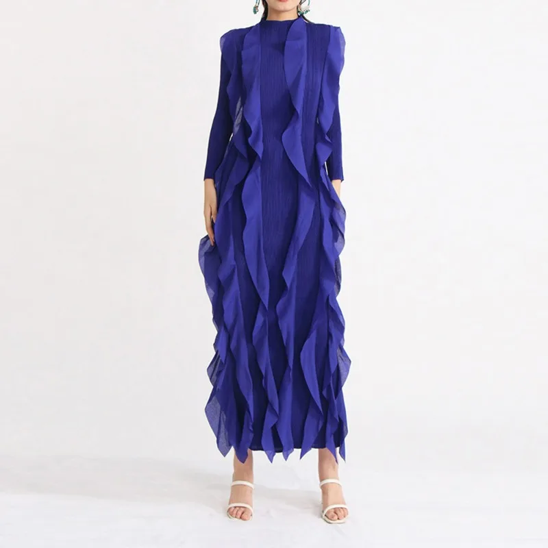 

Miyake Long Sleeved Half High Necked Dress with Ruffle Edge and Mesh Decoration, Straight Purple Summer Pleated Dress for Women