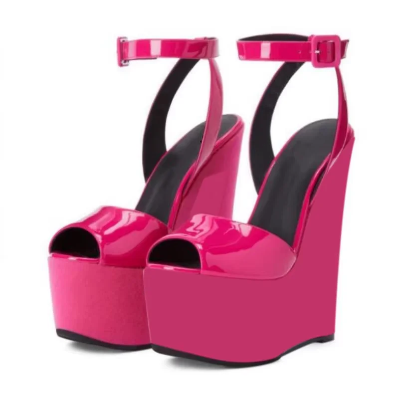 DIZHUANGSexy women's high-heeled sandals. Rose red patent leather sandals. Ankle buckle strap. About 15cm heel height SIZE:34-46