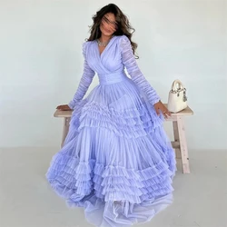 Purple Elegant Prom Dress V Neck Saudi Arabia Evening Gown Tulle Request Long Sleeve Tulle Formal Occasion vestidos de gala 2024