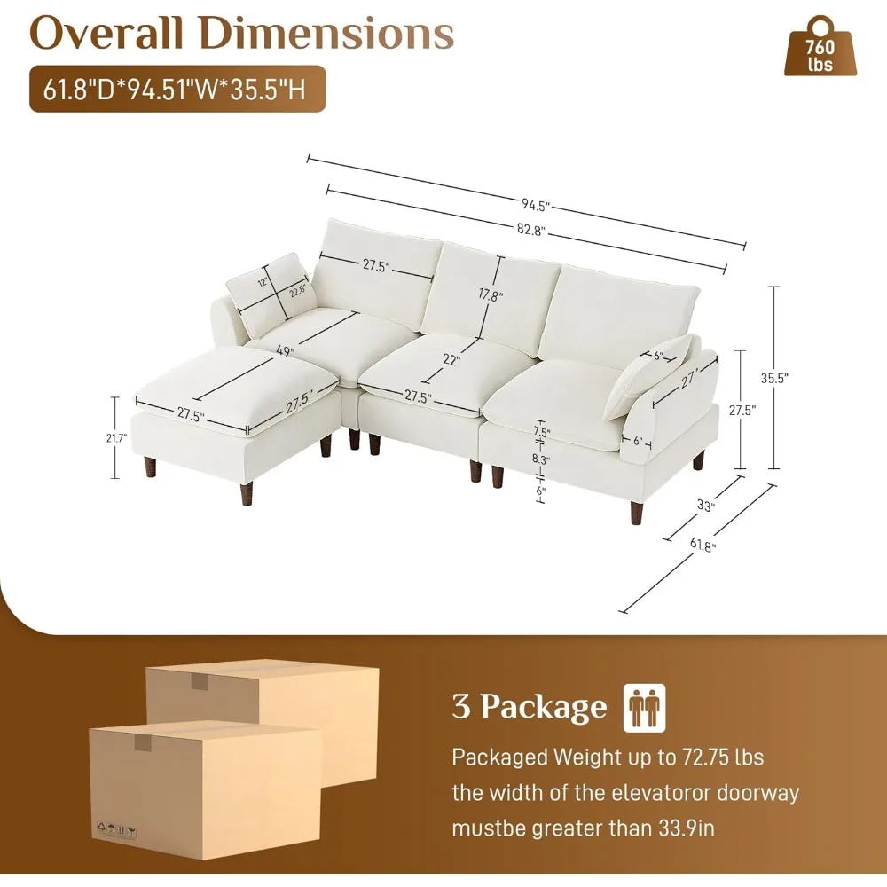 cloud sofa.Sectional Sofa Cloud Couch for Living Room,94.5Comfy L Shape Modular Sectional Sofa, Chenille Deep Upholstered 4 Seat