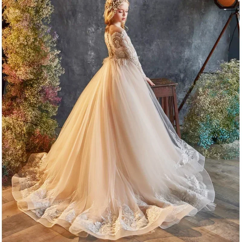 Flower Girl Dresses Champagne Long Sleeve For Wedding Birthday Party Banquet Gown Customized Tulle Puffy White Pattern Appliques