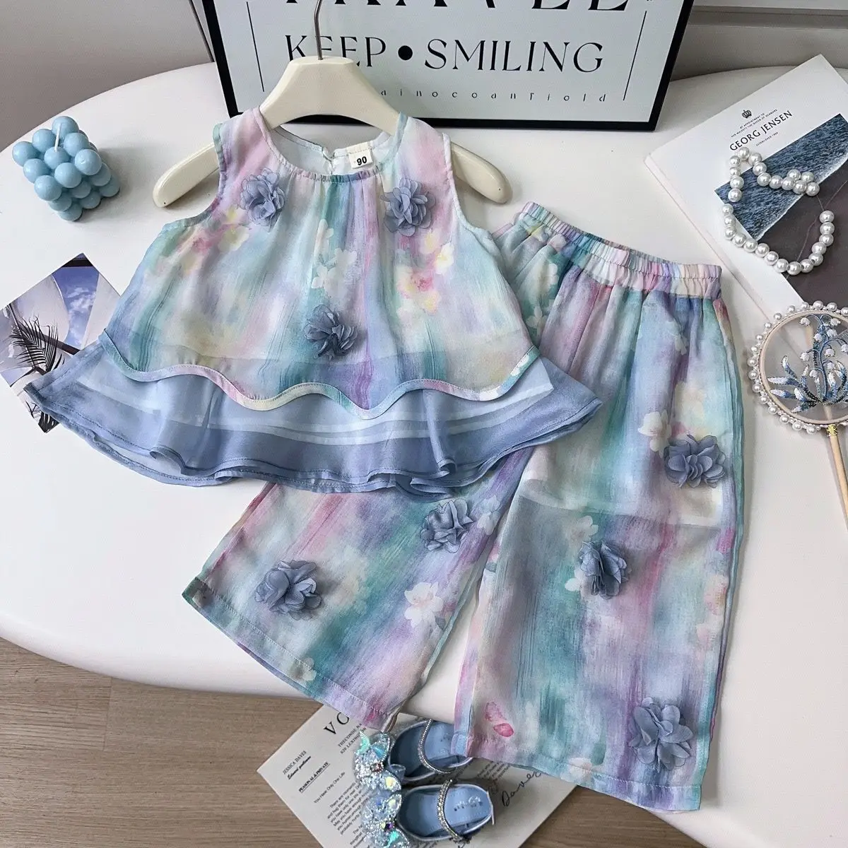 

Girls' Suit Summer New Style Flower Vest Top Wide Leg Pants Baby Princess Fashion and Beautiful Kids Two Piece Set