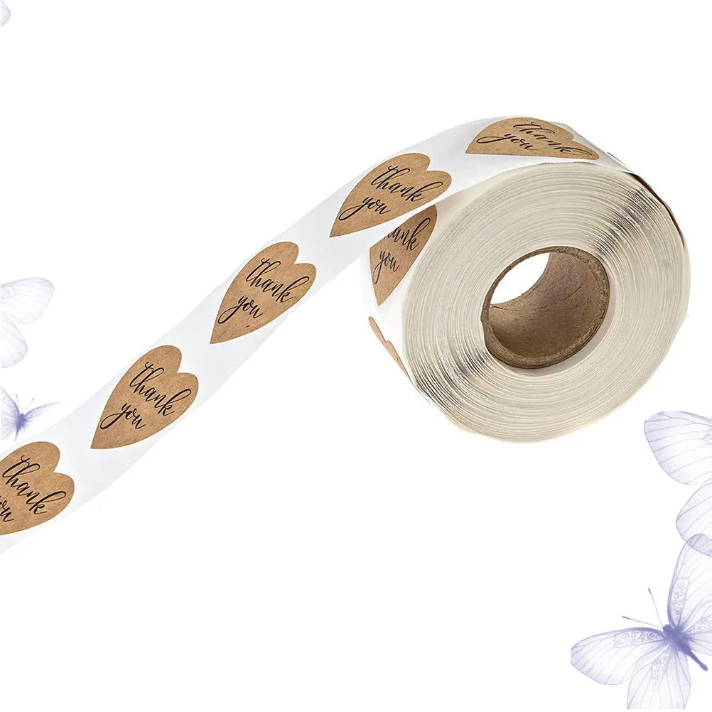 

1 рулон самоклеящихся наклеек в форме сердца с надписью «Спасибо», прочные, для упаковки конфет ко Дню святого Валентина, для запечатывания пакетов, из крафт-бумаги