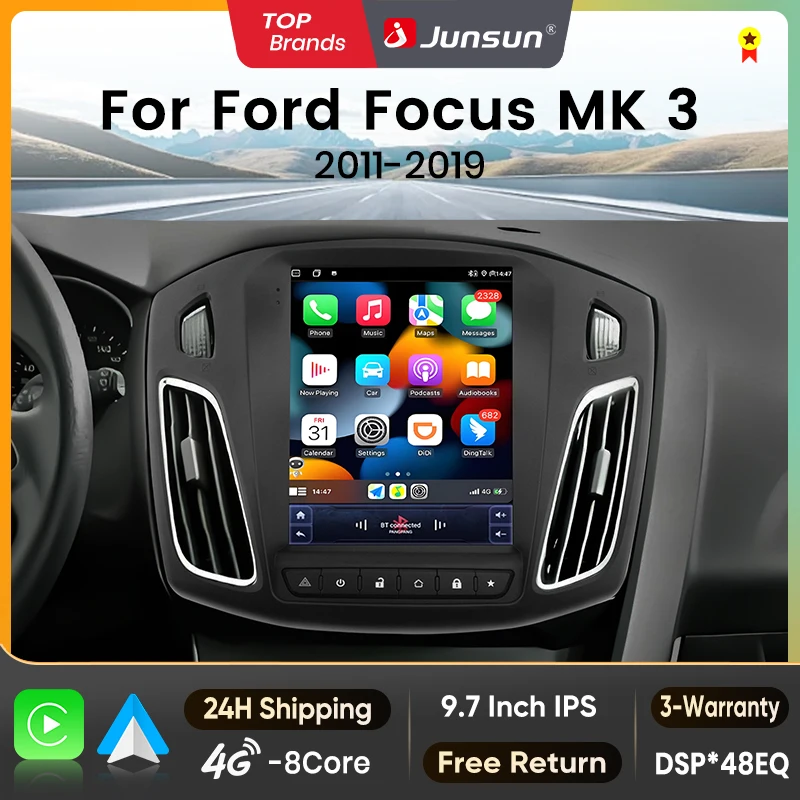 Junsun 9.7'' Autoradio Android style Tesla pour Ford Focus 3 MK 3 2011-2019, sans fil, compatible Apple CarPlay, écran IPS, lecteur multimédia vidéo, systèmes intelligents automobiles, autoradio 2 Din, navigation GPS, Bluetooth 4G, DSP, RDS, DAB+