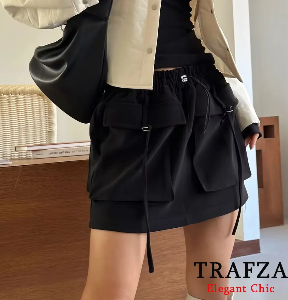 

TRAFZA Casual Classic Work Style Mini Skirt Women Pocket Elastic Waist Skirt New 2024 Spring Fasion Sexy High Street Skirts