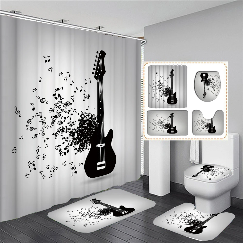 Musical Note Printed Shower Curtain Waterproof Polyester Bathroom Curtains Set Toilet Lid Cover Non-slip Mat Carpet Home Decor