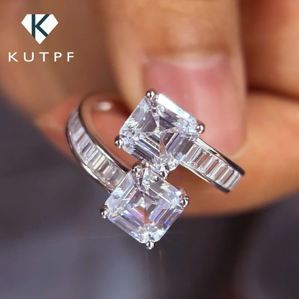 

4cttw Gra сертифицированные кольца с бриллиантами двойной огранки Asscher для женщин, серебряные обручальные кольца S925, регулируемое обручальное кольцо