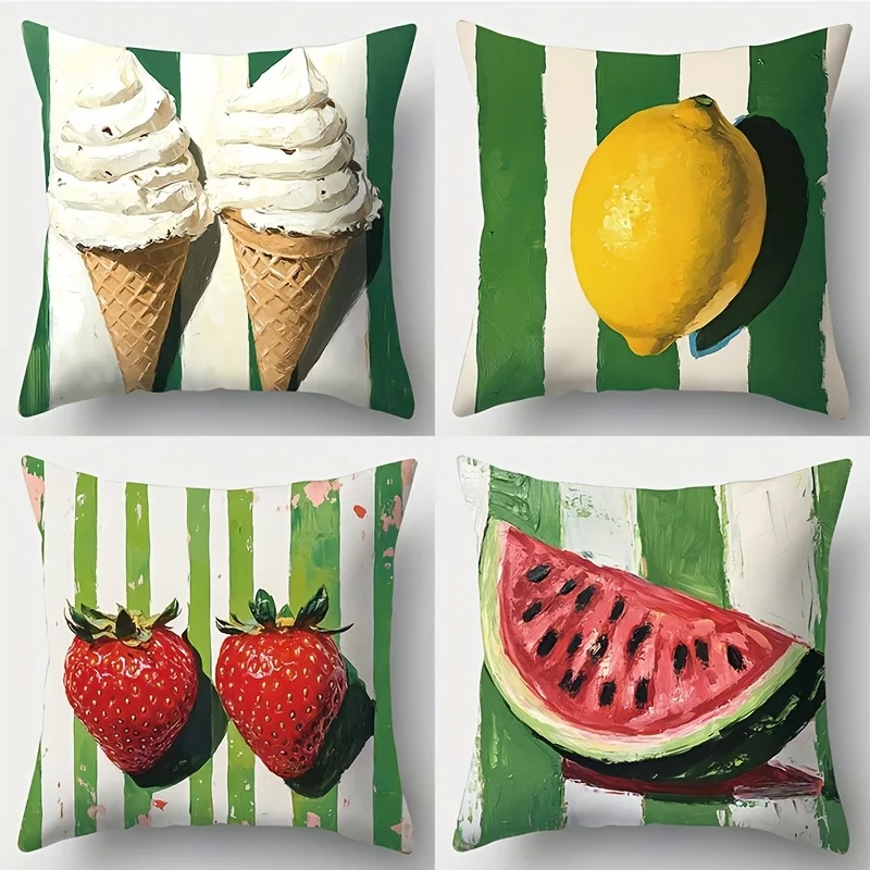 Modern Summer Pillowcase Set Vibrant Fruit & Ice Cream Designs, Polyester, Zip Closure, Bedroom Decor Cushion cover