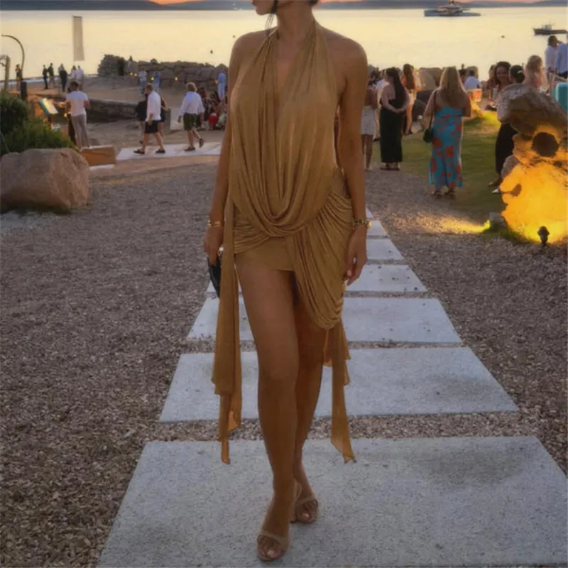 OMSJ Halter Ruched Irregular Backless Summer Sleeveless Trendy Bodycon Loose Maxi Dress Women Y2k Sexy Elegant Party Vestidos