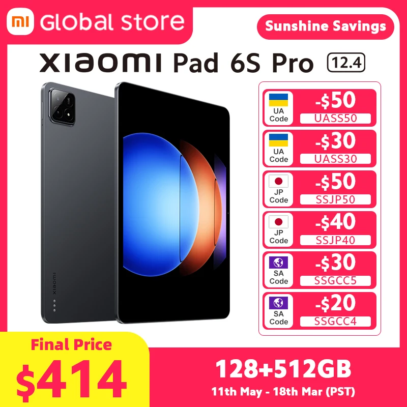 [รอบปฐมทัศน์โลก] Xiaomi Pad 6S Pro Global Version 12.4 "144Hz 3K จอแสดงผลคริสตัลใส Snapdragon 8 Gen 2 แพลตฟอร์มมือถือ 120W