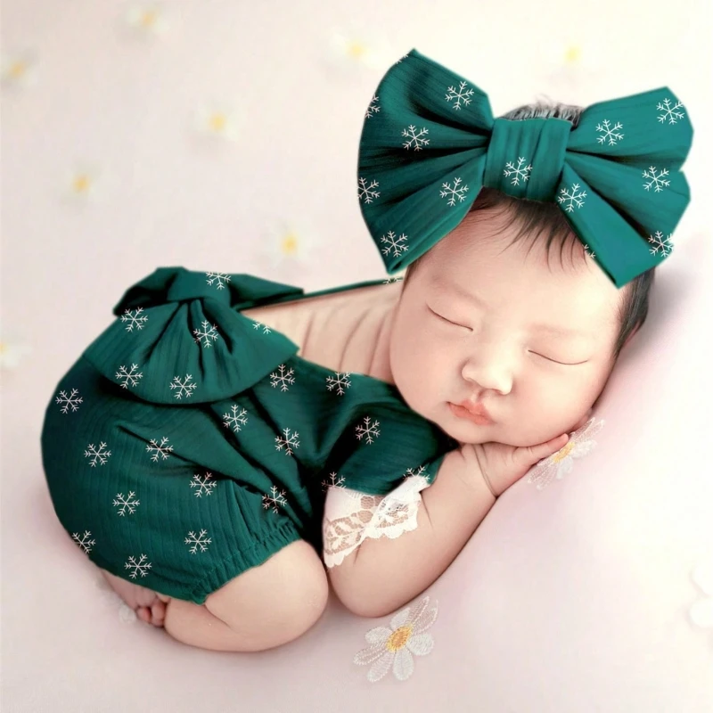 Newborn Festive Outfit Baby Bow Headband Jumpsuit Christmas Photo Accessories