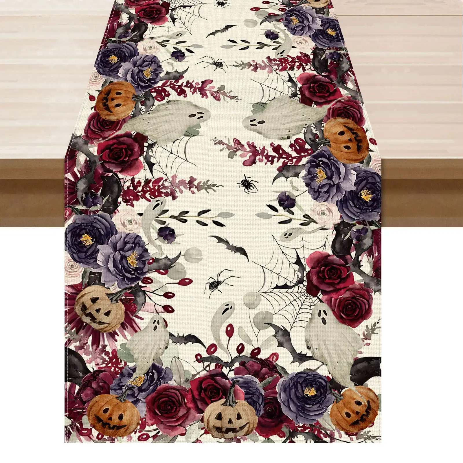 

Flowers Spooky Pumpkin Halloween Table Runner Party Table Decoration for Home Kitchen Dining Holiday Decor