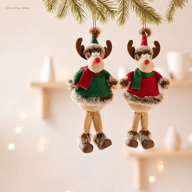 Kawaii Plush Reindeer Christmas Ornament, Cute Stuffed Deer Hanging Decor with Scarf, Soft Plush Animal Pendant for Xmas Tree