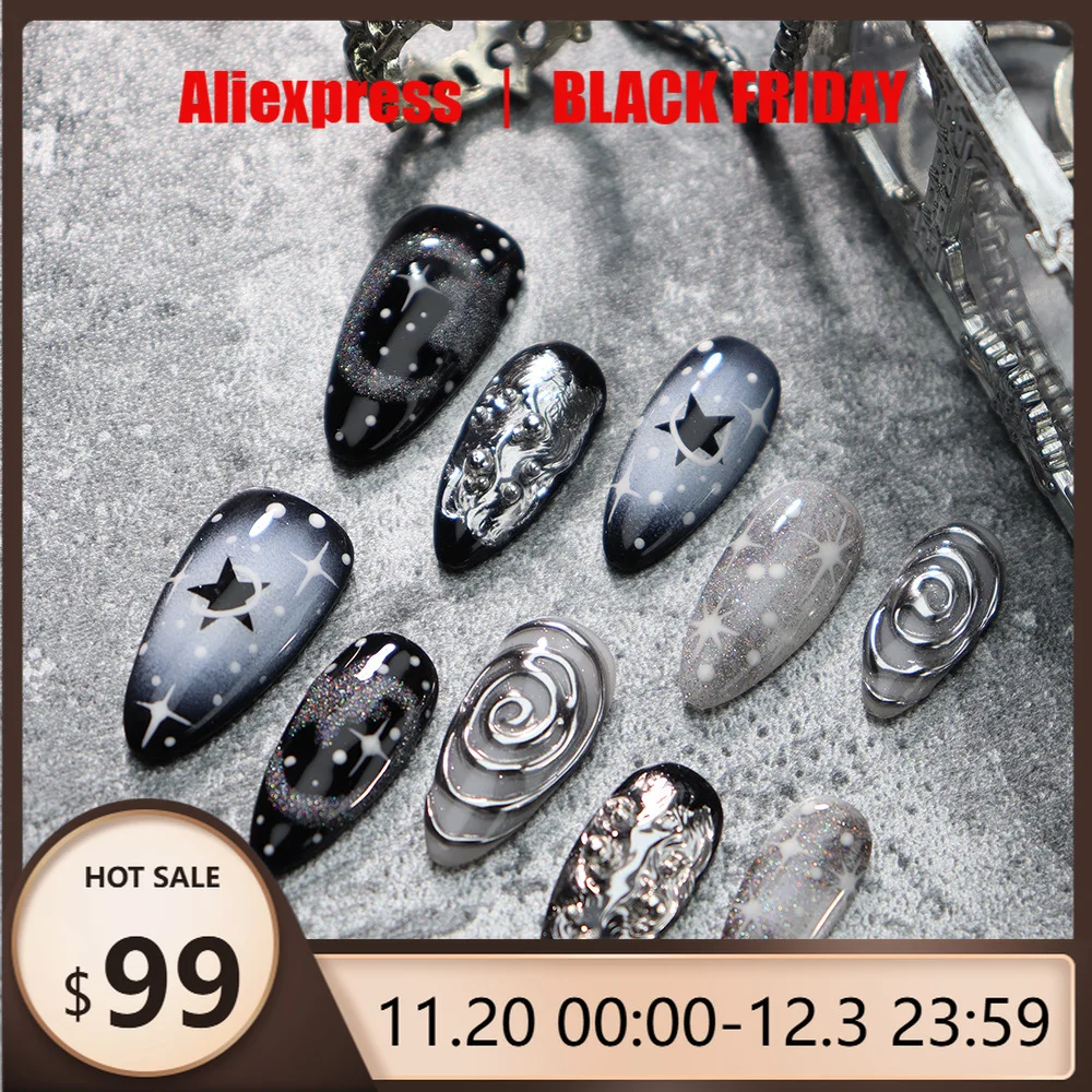 

10 шт. ногти ручной работы в форме миндаля, гелевые ногти с резьбой и звездами в темном стиле, нажмите на кончики ногтей с мерцающими цветами