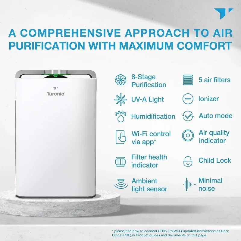 Turonic PH950-Purificateur d'air et humidificateur, filtre True Hepa 13, grande pièce, maison, jusqu'à 4200 Sq, fédération