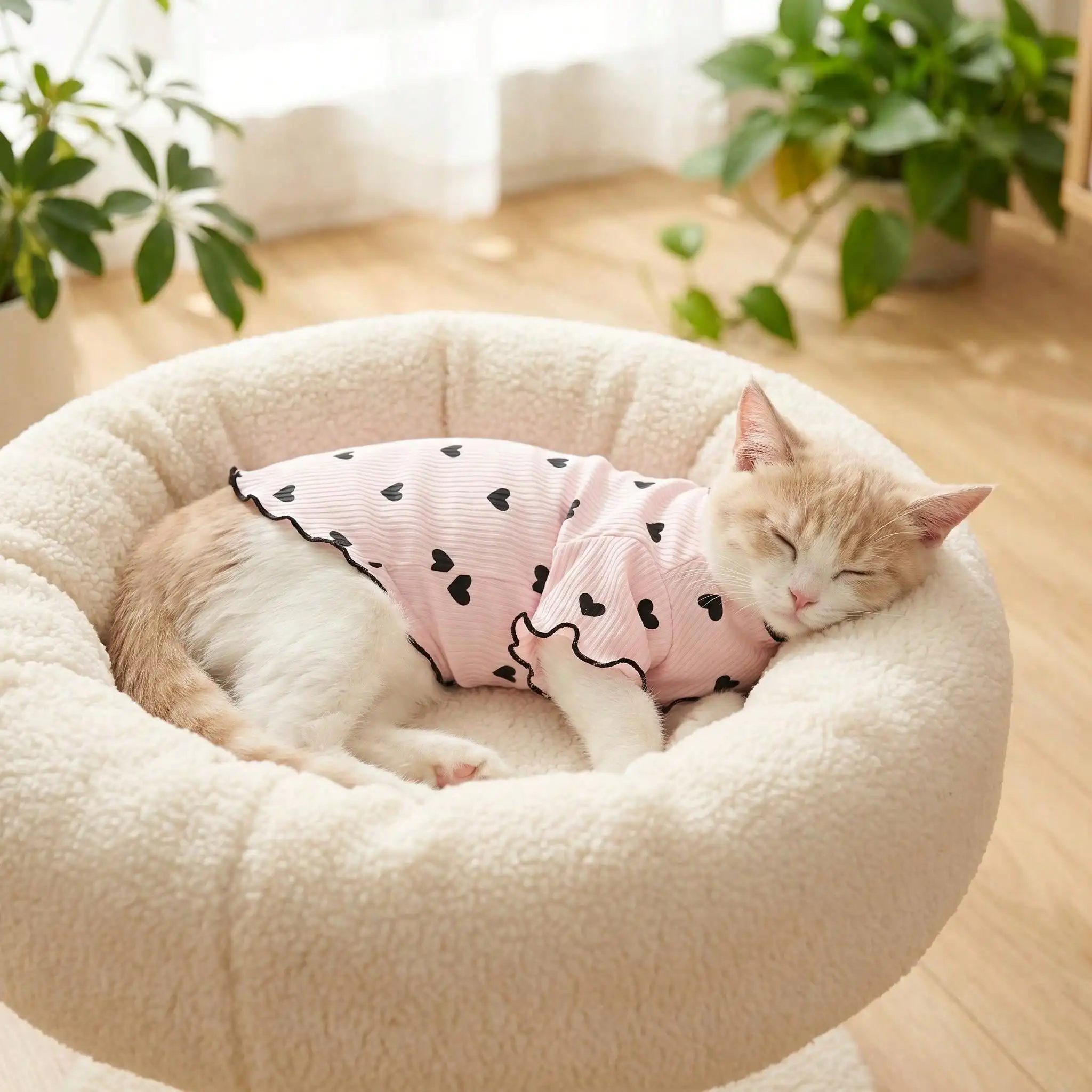 Geripptes Haustier-T-Shirt mit Herz- und Schleifendruck und Rüschenbesatz für kleine Hunde und Katzen – Detail 37
