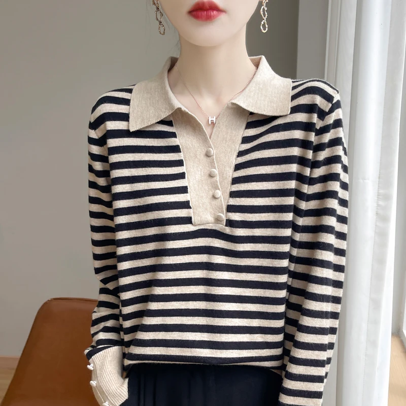 2024 Autumn Winter New Autumn Winter Striped Cashmere sweater Women lapel Neck Cashmere Sweater Soft Sweaters Women