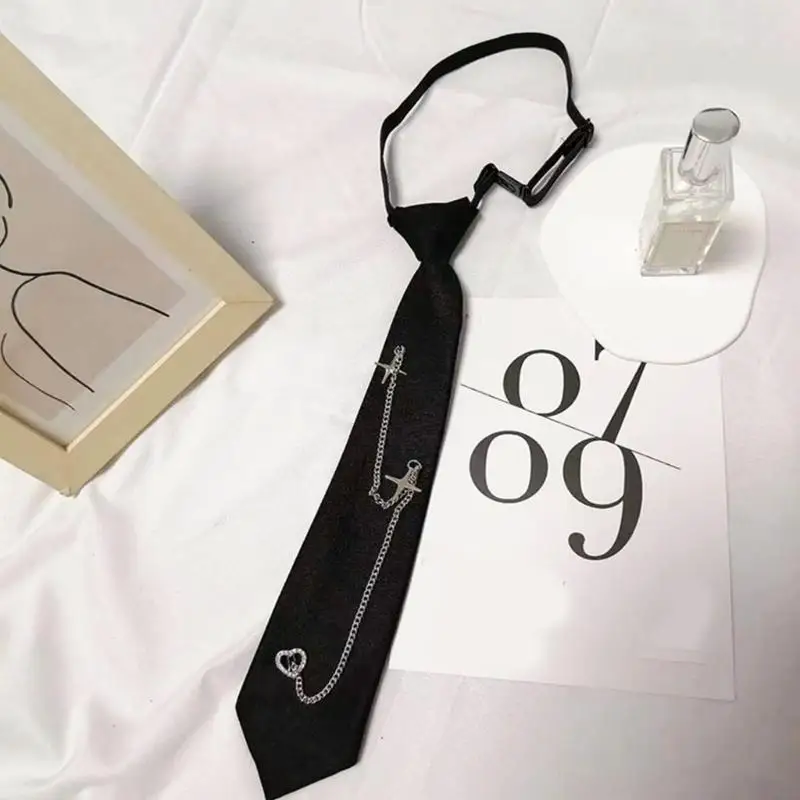 Versatiles Crosses Heart Chain Black Ties Pre Tied Necktie for Parties and Dates 