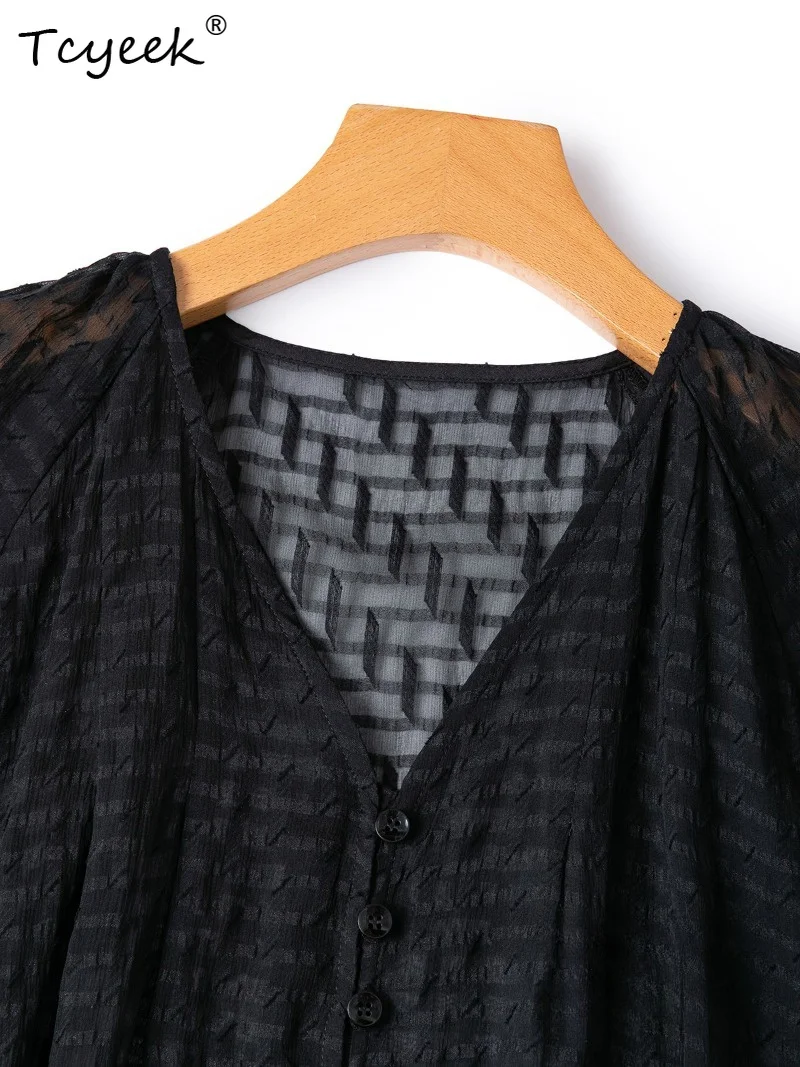 Tcyeek 100% Real Mulberry Silk Tops for Women 2026 Spring Black Loose Semi-transparent V-neck Shirt Woman Clothing Ropa De Mujer