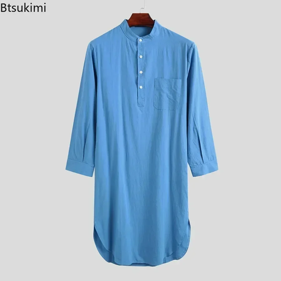 New 2024 Men's Fashion Muslim Robes Dress Solid Cotton Long Sleeve Leisure Soft Homewear O Neck Nightgown Mens Bathrobes Caftan