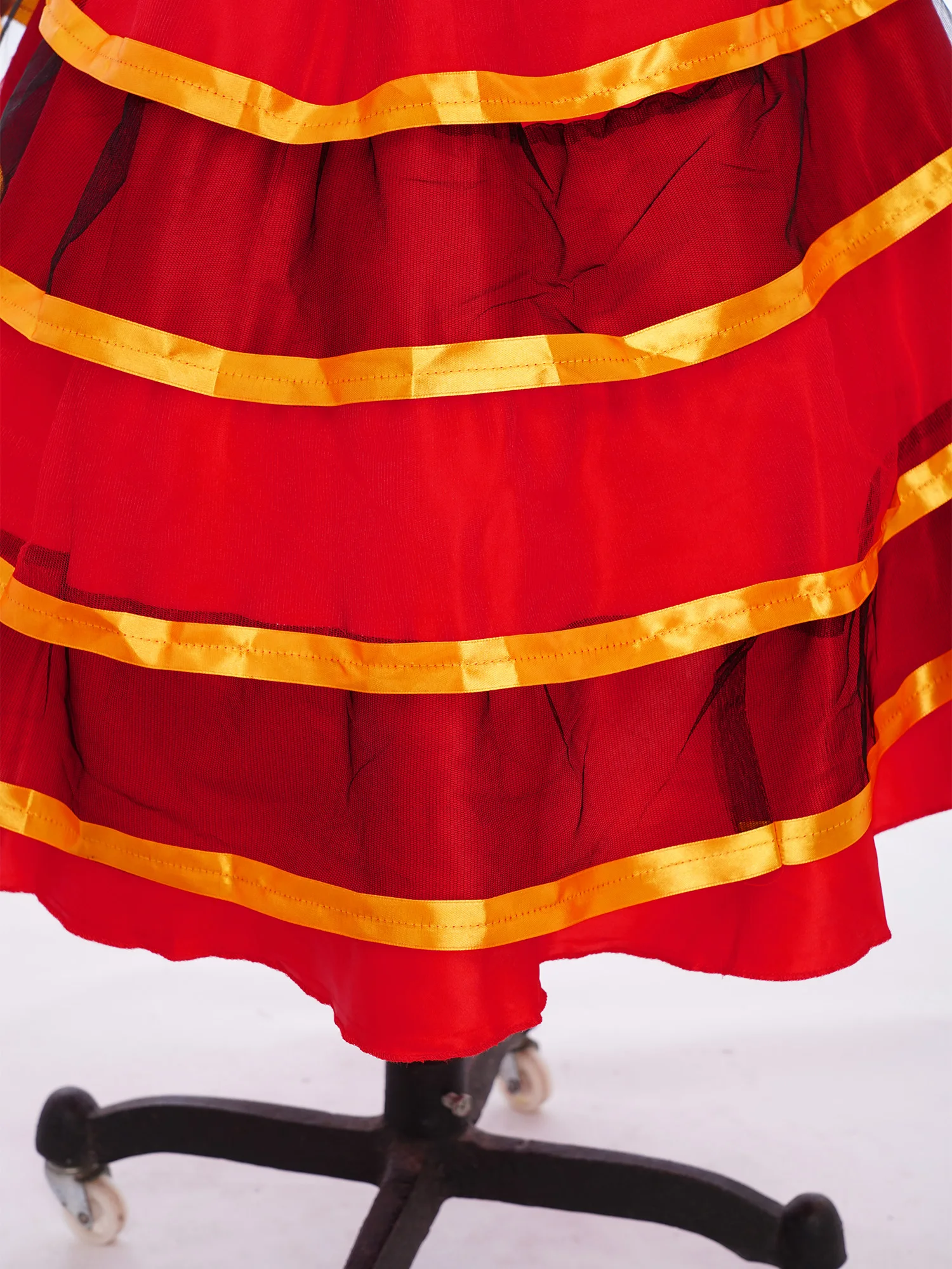 Dziecięca spódnica do flamenco dla dziewczynek, warstwowa, z falbanami, satynowa, długa spódnica maxi, strój do tańca towarzyskiego, kostium do występów cygańskich i korridy.